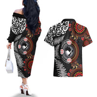 Australia and New Zealand Together Couples Matching Off The Shoulder Long Sleeve Dress and Hawaiian Shirt Aboriginal and Maori Art Tattoo LT03 - Polynesian Pride