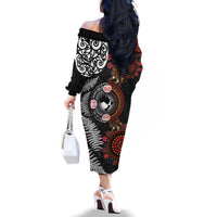 Australia and New Zealand Together Family Matching Off The Shoulder Long Sleeve Dress and Hawaiian Shirt Aboriginal and Maori Art Tattoo LT03 - Polynesian Pride