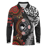 Australia and New Zealand Together Long Sleeve Polo Shirt Aboriginal and Maori Art Tattoo LT03 Black - Polynesian Pride