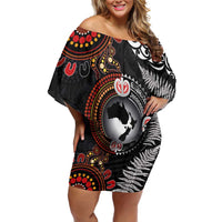 Australia and New Zealand Together Off Shoulder Short Dress Aboriginal and Maori Art Tattoo LT03 Women Black - Polynesian Pride