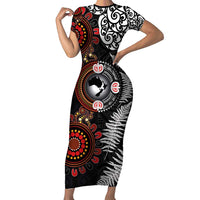 Australia and New Zealand Together Short Sleeve Bodycon Dress Aboriginal and Maori Art Tattoo LT03 Long Dress Black - Polynesian Pride