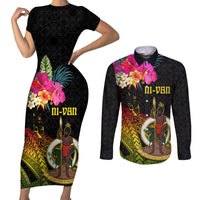 Vanuatu Ni-Van Couples Matching Short Sleeve Bodycon Dress and Long Sleeve Button Shirt Coat of Arms Sand Drawing LT03 Black - Polynesian Pride