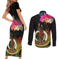 Vanuatu Ni-Van Couples Matching Short Sleeve Bodycon Dress and Long Sleeve Button Shirt Coat of Arms Sand Drawing LT03 - Polynesian Pride