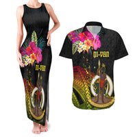 Vanuatu Ni-Van Couples Matching Tank Maxi Dress and Hawaiian Shirt Coat of Arms Sand Drawing LT03 Black - Polynesian Pride