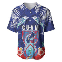 Guam Liberation Day Baseball Jersey The Tribal Latte Stone and Dolphins with Hibiscus Chamorro Culture LT03 Blue - Polynesian Pride