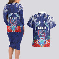 Guam Liberation Day Couples Matching Long Sleeve Bodycon Dress and Hawaiian Shirt The Tribal Latte Stone and Dolphins with Hibiscus Chamorro Culture LT03 - Polynesian Pride