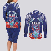 Guam Liberation Day Couples Matching Long Sleeve Bodycon Dress and Long Sleeve Button Shirt The Tribal Latte Stone and Dolphins with Hibiscus Chamorro Culture LT03 - Polynesian Pride