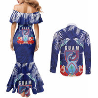 Guam Liberation Day Couples Matching Mermaid Dress and Long Sleeve Button Shirt The Tribal Latte Stone and Dolphins with Hibiscus Chamorro Culture LT03 - Polynesian Pride