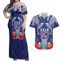 Guam Liberation Day Couples Matching Off Shoulder Maxi Dress and Hawaiian Shirt The Tribal Latte Stone and Dolphins with Hibiscus Chamorro Culture LT03 Blue - Polynesian Pride