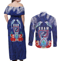 Guam Liberation Day Couples Matching Off Shoulder Maxi Dress and Long Sleeve Button Shirt The Tribal Latte Stone and Dolphins with Hibiscus Chamorro Culture LT03 - Polynesian Pride