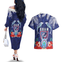 Guam Liberation Day Couples Matching Off The Shoulder Long Sleeve Dress and Hawaiian Shirt The Tribal Latte Stone and Dolphins with Hibiscus Chamorro Culture LT03 - Polynesian Pride