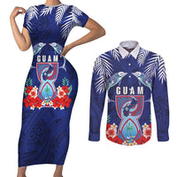 Guam Liberation Day Couples Matching Short Sleeve Bodycon Dress and Long Sleeve Button Shirt The Tribal Latte Stone and Dolphins with Hibiscus Chamorro Culture LT03 Blue - Polynesian Pride