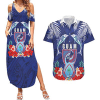 Guam Liberation Day Couples Matching Summer Maxi Dress and Hawaiian Shirt The Tribal Latte Stone and Dolphins with Hibiscus Chamorro Culture LT03 Blue - Polynesian Pride