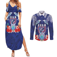 Guam Liberation Day Couples Matching Summer Maxi Dress and Long Sleeve Button Shirt The Tribal Latte Stone and Dolphins with Hibiscus Chamorro Culture LT03 Blue - Polynesian Pride