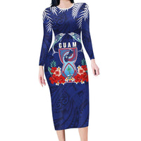 Guam Liberation Day Family Matching Long Sleeve Bodycon Dress and Hawaiian Shirt The Tribal Latte Stone and Dolphins with Hibiscus Chamorro Culture LT03 Mom's Dress Blue - Polynesian Pride