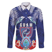 Guam Liberation Day Family Matching Mermaid Dress and Hawaiian Shirt The Tribal Latte Stone and Dolphins with Hibiscus Chamorro Culture LT03 Dad's Shirt - Long Sleeve Blue - Polynesian Pride