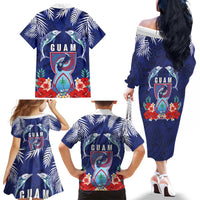 Guam Liberation Day Family Matching Off The Shoulder Long Sleeve Dress and Hawaiian Shirt The Tribal Latte Stone and Dolphins with Hibiscus Chamorro Culture LT03 - Polynesian Pride