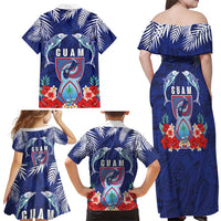 Guam Liberation Day Family Matching Off Shoulder Maxi Dress and Hawaiian Shirt The Tribal Latte Stone and Dolphins with Hibiscus Chamorro Culture LT03 - Polynesian Pride