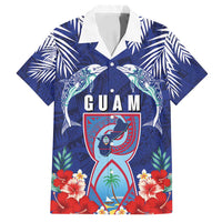 Guam Liberation Day Family Matching Off Shoulder Maxi Dress and Hawaiian Shirt The Tribal Latte Stone and Dolphins with Hibiscus Chamorro Culture LT03 Dad's Shirt - Short Sleeve Blue - Polynesian Pride