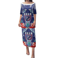 Guam Liberation Day Family Matching Puletasi and Hawaiian Shirt The Tribal Latte Stone and Dolphins with Hibiscus Chamorro Culture LT03 Mom's Dress Blue - Polynesian Pride