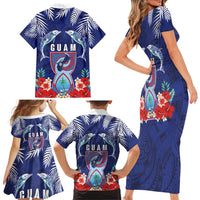 Guam Liberation Day Family Matching Short Sleeve Bodycon Dress and Hawaiian Shirt The Tribal Latte Stone and Dolphins with Hibiscus Chamorro Culture LT03 - Polynesian Pride