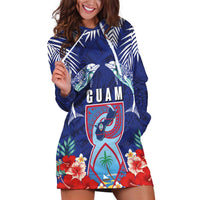 Guam Liberation Day Hoodie Dress The Tribal Latte Stone and Dolphins with Hibiscus Chamorro Culture LT03 Blue - Polynesian Pride