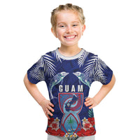 Guam Liberation Day Kid T Shirt The Tribal Latte Stone and Dolphins with Hibiscus Chamorro Culture LT03 Blue - Polynesian Pride