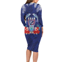 Guam Liberation Day Long Sleeve Bodycon Dress The Tribal Latte Stone and Dolphins with Hibiscus Chamorro Culture LT03 - Polynesian Pride