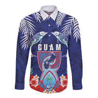 Guam Liberation Day Long Sleeve Button Shirt The Tribal Latte Stone and Dolphins with Hibiscus Chamorro Culture LT03 Unisex Blue - Polynesian Pride