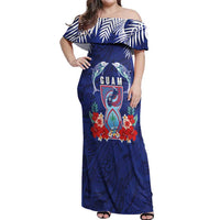 Guam Liberation Day Off Shoulder Maxi Dress The Tribal Latte Stone and Dolphins with Hibiscus Chamorro Culture LT03 Women Blue - Polynesian Pride