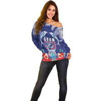 Guam Liberation Day Off Shoulder Sweater The Tribal Latte Stone and Dolphins with Hibiscus Chamorro Culture LT03 - Polynesian Pride