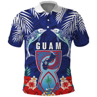 Guam Liberation Day Polo Shirt The Tribal Latte Stone and Dolphins with Hibiscus Chamorro Culture LT03 Blue - Polynesian Pride