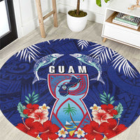 Guam Liberation Day Round Carpet The Tribal Latte Stone and Dolphins with Hibiscus Chamorro Culture LT03 Blue - Polynesian Pride