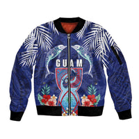 Guam Liberation Day Sleeve Zip Bomber Jacket The Tribal Latte Stone and Dolphins with Hibiscus Chamorro Culture LT03 Unisex Blue - Polynesian Pride
