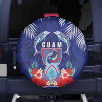 Guam Liberation Day Spare Tire Cover The Tribal Latte Stone and Dolphins with Hibiscus Chamorro Culture LT03 No hole Blue - Polynesian Pride