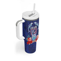 Guam Liberation Day Tumbler With Handle The Tribal Latte Stone and Dolphins with Hibiscus Chamorro Culture LT03 - Polynesian Pride