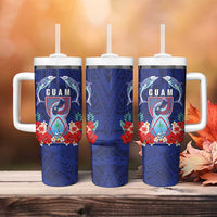 Guam Liberation Day Tumbler With Handle The Tribal Latte Stone and Dolphins with Hibiscus Chamorro Culture LT03 - Polynesian Pride