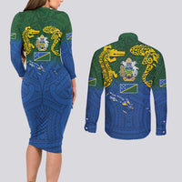 Solomon Islands Couples Matching Long Sleeve Bodycon Dress and Long Sleeve Button Shirt The Guardians-Tribal Crocodile and Shark Melanesian Tattoo LT03 - Polynesian Pride