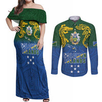 Solomon Islands Couples Matching Off Shoulder Maxi Dress and Long Sleeve Button Shirt The Guardians-Tribal Crocodile and Shark Melanesian Tattoo LT03 Green - Polynesian Pride