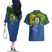 Solomon Islands Couples Matching Off The Shoulder Long Sleeve Dress and Hawaiian Shirt The Guardians-Tribal Crocodile and Shark Melanesian Tattoo LT03 - Polynesian Pride