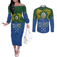 Solomon Islands Couples Matching Off The Shoulder Long Sleeve Dress and Long Sleeve Button Shirt The Guardians-Tribal Crocodile and Shark Melanesian Tattoo LT03 Green - Polynesian Pride