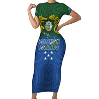 Solomon Islands Short Sleeve Bodycon Dress The Guardians-Tribal Crocodile and Shark Melanesian Tattoo LT03 Long Dress Green - Polynesian Pride