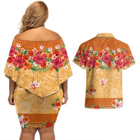 Hawaii Hibiscus Couples Matching Off Shoulder Short Dress and Hawaiian Shirt Turtles and Tribal Motifs Vintage Floral Style LT03 - Polynesian Pride