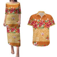 Hawaii Hibiscus Couples Matching Puletasi and Hawaiian Shirt Turtles and Tribal Motifs Vintage Floral Style LT03 Yellow - Polynesian Pride