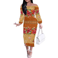 Hawaii Hibiscus Family Matching Off The Shoulder Long Sleeve Dress and Hawaiian Shirt Turtles and Tribal Motifs Vintage Floral Style LT03 Mom's Dress Yellow - Polynesian Pride