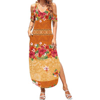 Hawaii Hibiscus Family Matching Summer Maxi Dress and Hawaiian Shirt Turtles and Tribal Motifs Vintage Floral Style LT03 Mom's Dress Yellow - Polynesian Pride