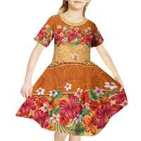 Hawaii Hibiscus Kid Short Sleeve Dress Turtles and Tribal Motifs Vintage Floral Style LT03 - Polynesian Pride
