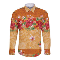 Hawaii Hibiscus Long Sleeve Button Shirt Turtles and Tribal Motifs Vintage Floral Style LT03 Unisex Yellow - Polynesian Pride