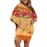 Hawaii Hibiscus Off Shoulder Short Dress Turtles and Tribal Motifs Vintage Floral Style LT03 Women Yellow - Polynesian Pride