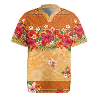 Hawaii Hibiscus Rugby Jersey Turtles and Tribal Motifs Vintage Floral Style LT03 Yellow - Polynesian Pride